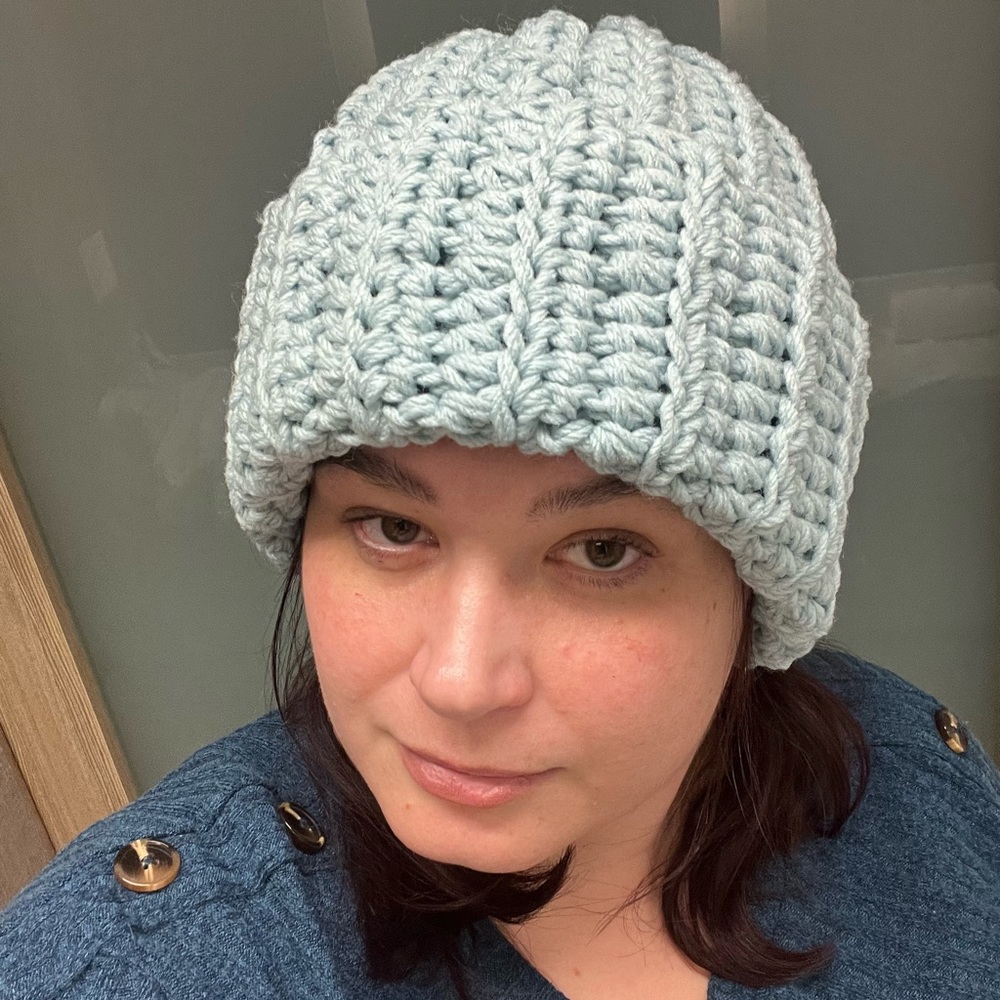 Chunky beanie hat, light blue, handmade/crochet, acrylic yarn